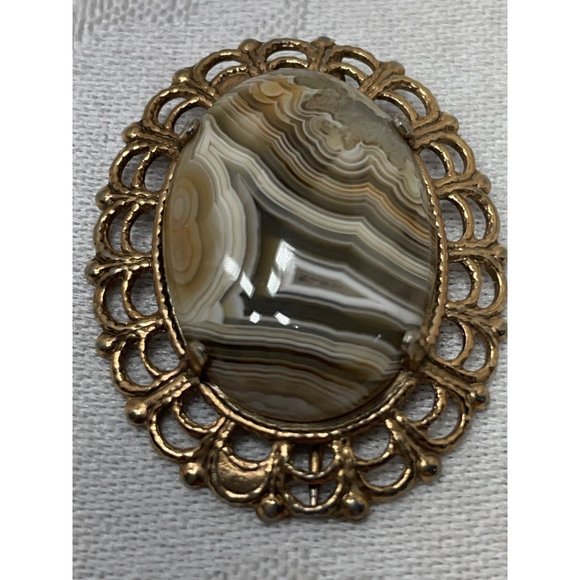 Beautiful Vintage Agate Brooch Grays Black White Stripes READ - Picture 4 of 5